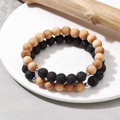 Natural Lava Rock & Wooden Round Beaded Stretch Bracelet BJEW-JB10075-02-1