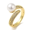 Rack Plating Brass Micro Pave Cubic Zirconia Cuff Rings, Round Glass Pearl Beads Ring for Women, Cadmium Free & Lead Free, Long-Lasting Plated, Real 18K Gold Plated, Inner Diameter: 17mm