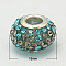 Resin Rhinestone European Beads, Grade A, with Brass Double Cores, Silver Metal Color, Rondelle, Aquamarine, 15x9mm, Hole: 5mm