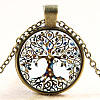 Tree Of Life Pattern Flat Round Glass Pendant Necklaces X-NJEW-N0051-048O-01-1