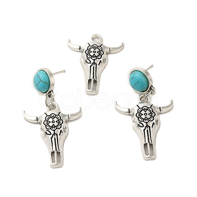 Synthetic Turquoise & Cattle Alloy Pendant Studs Earrings Sets SJEW-K002-04-1