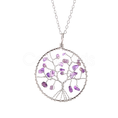 Natural Rose Quartz Chips Beaded Tree of Life Pendant Necklaces PW-WG63202-03-1