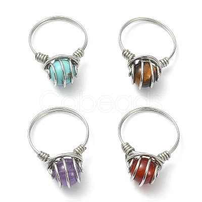 4Pcs 4 Style Natural Mixed Gemstone Round Beaded Finger Rings Set RJEW-TA00076-1