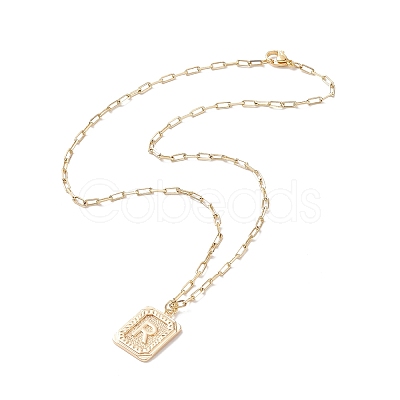 Brass Rectangle with Initial Letter Pendant Necklace with Paperclip Chains for Men Women NJEW-JN04007-1