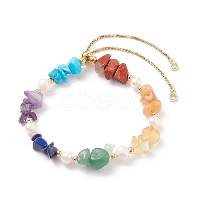 Natural Mixed Gemstone Chips Beaded Silder Bracelet with Pearl BJEW-JB08326-1