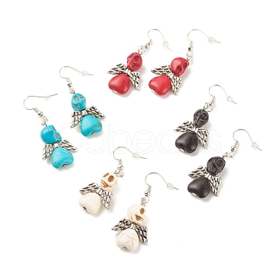 Synthetic Turquoise Skull with Wings Dangle Earrings EJEW-JE04944-1