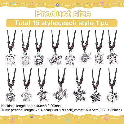 ANATTASOUL 15Pcs 15 Styles Tortoise Resin Pendant Necklaces Set with Adjustable Cotton Cords NJEW-AN0001-51A-1