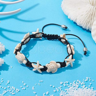 Synthetic Turquoise Starfish & Turtle Braided Bead Bracelet X-BJEW-TA00388-02-1