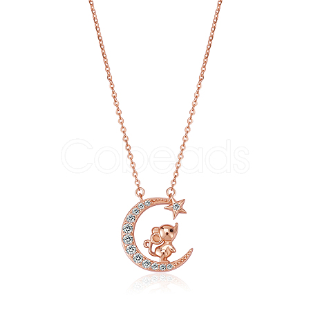 Chinese Zodiac Necklace Mouse Necklace 925 Sterling Silver Rose Gold Rat on the Moon Pendant Charm Necklace Zircon Moon and Star Necklace Cute Animal Jewelry Gifts for Women JN1090A-1