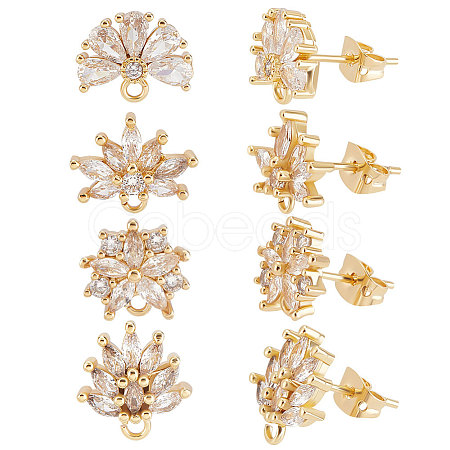 Beebeecraft 4 Pairs 4 Style Brass Cubic Zirconia Flower Stud Earring Findings EJEW-BBC0001-11-1