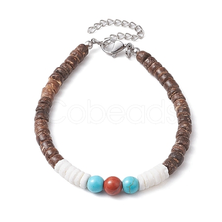 Summer Beach Round Natural Red Jasper & Synthetic Turquoise & White Shell & Coconut Beaded Bracelets BJEW-JB10813-1