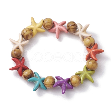 Beach Starfish Dyed Synthetic Turquoise Stretch Bracelets BJEW-JB10295-02-1