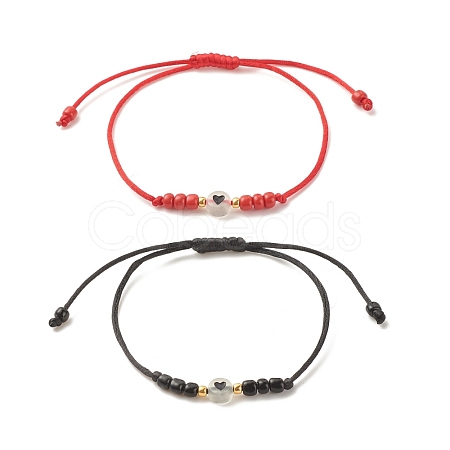 2Pcs Flat Round with Heart Acrylic Braided Bead Bracelets Set with Glass Seed BJEW-JB08034-02-1