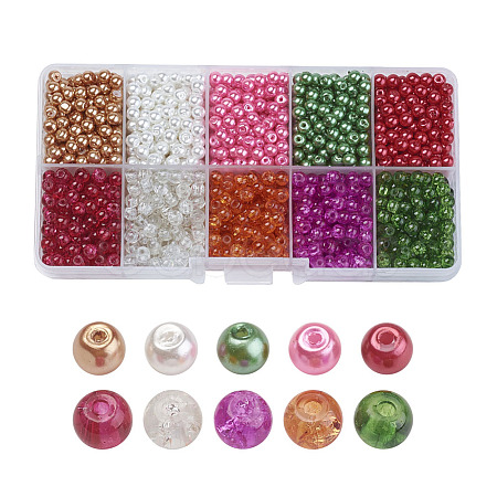 Christmas Mix Baking Painted Crackle Glass & Glass Pearl Bead Sets HY-X0009-10mm-04-1
