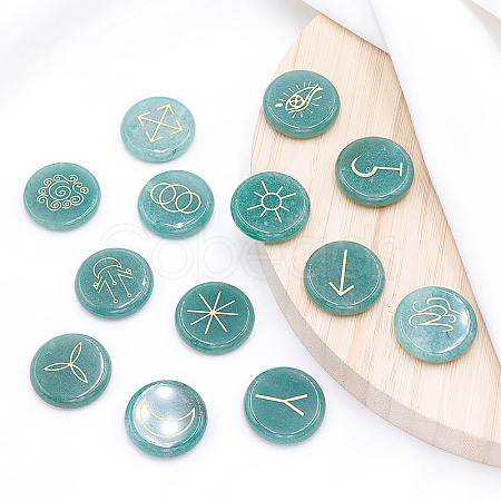 13Pcs Flat Round Carved Natural Green Aventurine Rune Stones PW-WG5B00E-01-1