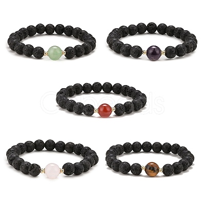 Natural Lava Rock & Mixed Gemstone Round Beaded Stretch Bracelet BJEW-JB09418-1