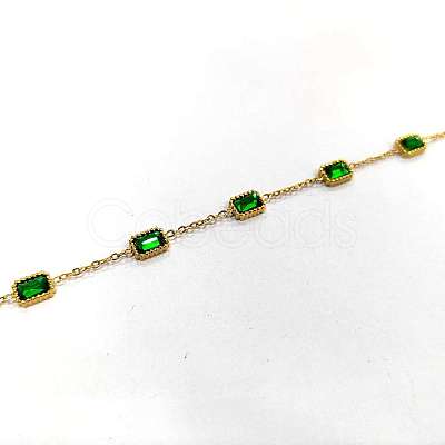 Ion Plating(IP) 304 Stainless Steel Pave Green Glass Rectangle Link Bracelets for Women BJEW-H613-11G-1