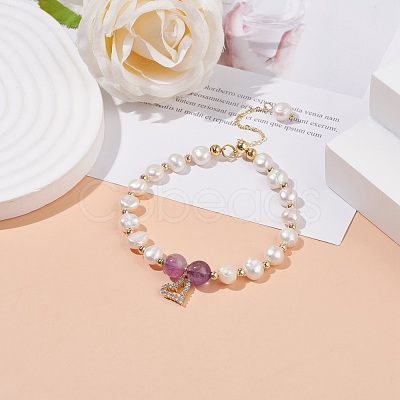 Natural Amethyst & Pearl Beaded Bracelet with Cubic Zirconia Heart Charm BJEW-JB08167-01-1