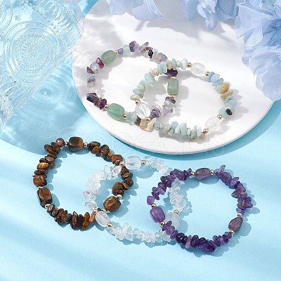 Natural Mixed Stone Chip & Cuboid Beaded Stretch Bracelets for Women BJEW-JB10808-1