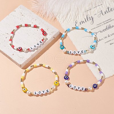 Love Word Acrylic & Heishi Polymer Clay Beaded Stretch Bracelet Sets BJEW-TA00069-1