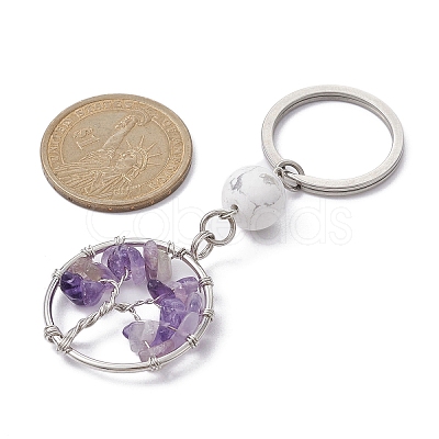 Natural Amethyst & Howlite  Chips Flat Round with Tree of Life Kcychain KEYC-JKC00563-04-1