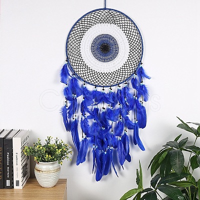 Evil Eye Woven Web/Net with Feather Wall Hanging Decorations PW-WG77758-01-1