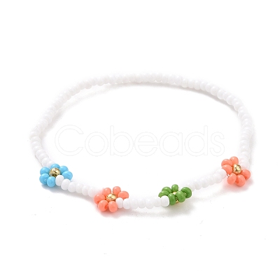 Handmade Daisy Flower Baking Paint & Dyed Glass Seed Beaded Stretch Bracelets BJEW-JB07668-02-1