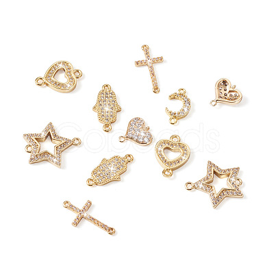 12Pcs 6 Styles Brass Micro Pave Clear Cubic Zirconia Connector Charms KK-TA0001-14-1