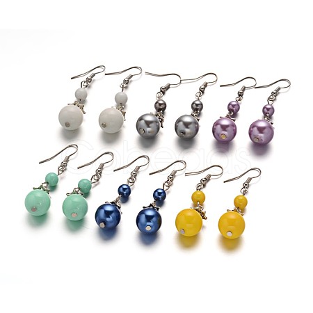 Attractive Round Glass Pearl Dangle Earrings EJEW-F0086-M-1