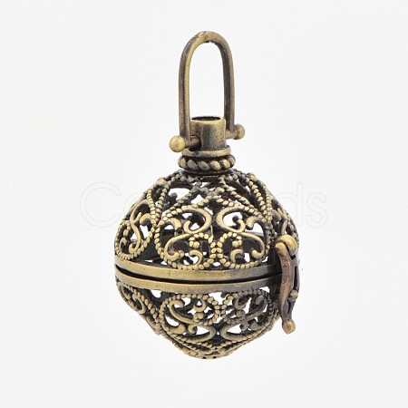 Vintage Filigree Round Brass Cage Pendants KK-D389-11AB-1