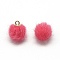 Faux Mink Fur Covered Charms, with Golden Tone Brass Findings, Round, Cerise, 12~14x10mm, Hole: 1.5mm