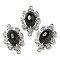 Natural Obsidian Faceted Oval Connector Charms, Rack Plating Brass Micro Pave Clear Cubic Zirconia Flower Links, Platinum, 25.5x16x7mm, Hole: 1.2mm