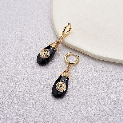 Natural Dyed & Heated Black Agate Teardrop with Spiral Dangle Hoop Earrings EJEW-SW00011-20-1