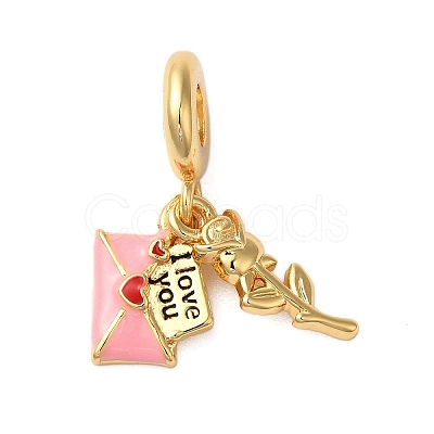 Rack Plating Brass Pink Enamel European Dangle Charms KK-P279-42G-1