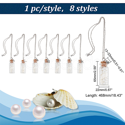 8Pcs 8 Style Glass Sea Wish Bottle with Natural Trumpet Shell Pendant Necklaces Set NJEW-AB00005-1