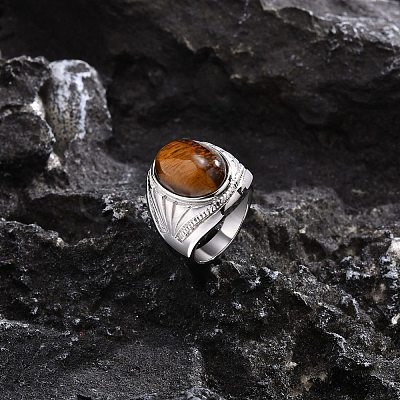 Oval Natural Tiger Eye Finger Rings PW-WG14D78-02-1