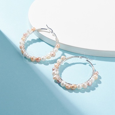 Natural Pearl Wire Wrapped Beaded Hoop Earrings for Women EJEW-JE04759-04-1