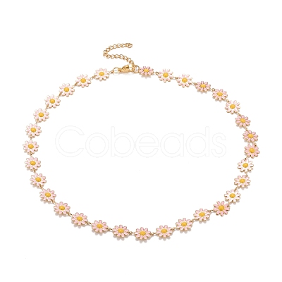 Enamel Daisy Link Chain Necklace NJEW-P220-01G-05-1