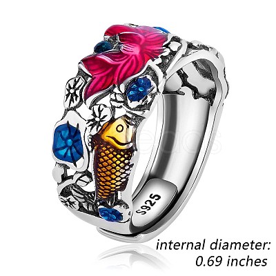 Anti-Tarnish Rhodium Plated 925 Sterling Silver Koi Fish with Lotus Adjustable Ring with Enamel for Women JR930A-1