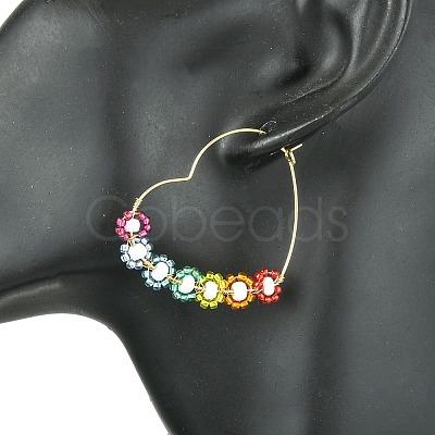 Heart Glass Seed with Brass Hoop Earrings EJEW-MZ00144-1