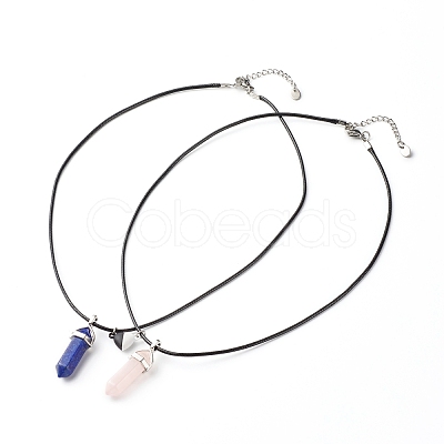 Natural Rose Quartz & Lapis Lazuli Double Terminated Pointed Pendants Necklaces Set for Couples Best Friends NJEW-JN03675-1