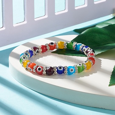 Colorful Evil Eye Lampwork Beaded Stretch Bracelet with Crystal Rhinestone for Women BJEW-JB07872-02-1