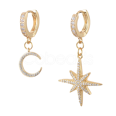 Star and Moon Asymmetrical Dangle Hoop Earrings EJEW-JE04031-02-1