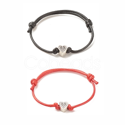 2Pcs 2 Colors Alloy Heart Beaded Cord Bracelets Set BJEW-JB08113-02-1