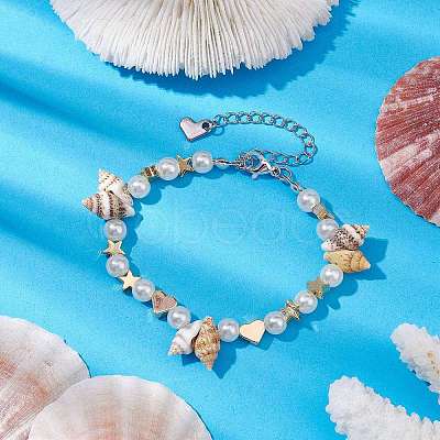 Natural Shell & ABS Plastic Imitation Pearl Beaded Bracelets BJEW-JB10555-1