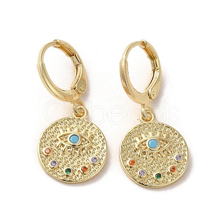 Flat Round with Eye Real 18K Gold Plated Brass Dangle Leverback Earrings EJEW-Q797-08G-1
