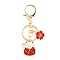 Chinese Style Alloy Enamel Keychains, with Iron Lobster Clasp and Rings, Cat with Flower, Red, 9.15cm