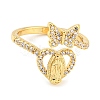 Butterfly & Heart Brass Micro Pave Cubic Zirconia Open Cuff Rings RJEW-P094-01G-2