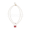 Glass Butterfly & Natural Pearl Pendants Double Layer Necklace with Clear Cubic Zirconia NJEW-TA00043-03-1