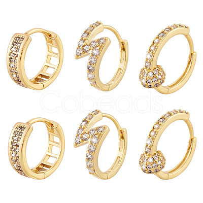 PandaHall Jewelry 3 Pairs 3 Style Round & Lightning Bolt & Square Cubic Zirconia Huggie Hoop Earrings EJEW-PJ0001-03-1